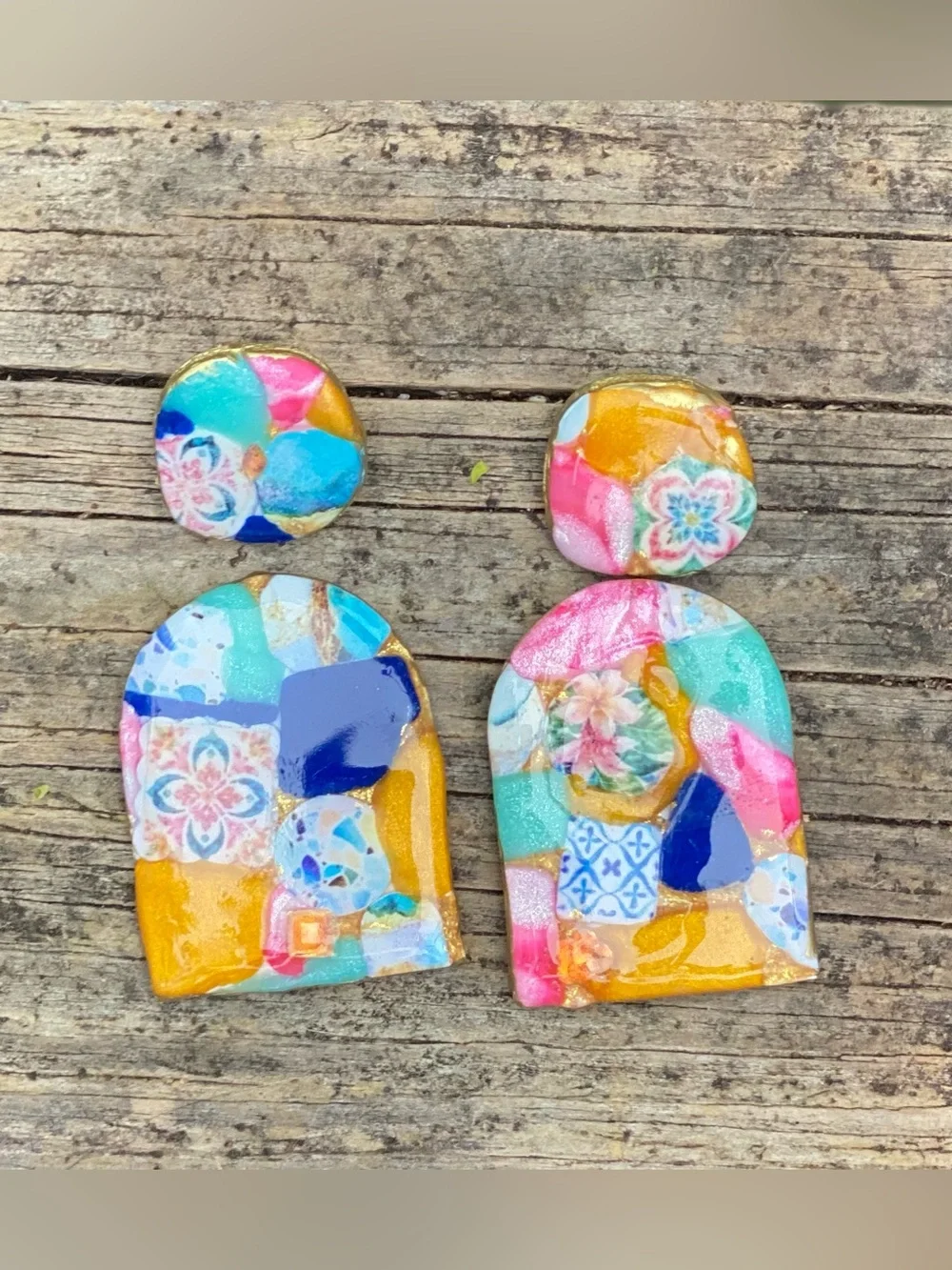 Handmade Colorful Mosaic Arch Drop Earrings - Pink, Blue & Gold